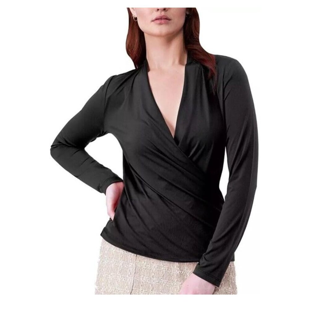 NWT Rachel Roy Women's V-Neck Surplice Wrap Blouse Top Black Size XL $65 3C624
